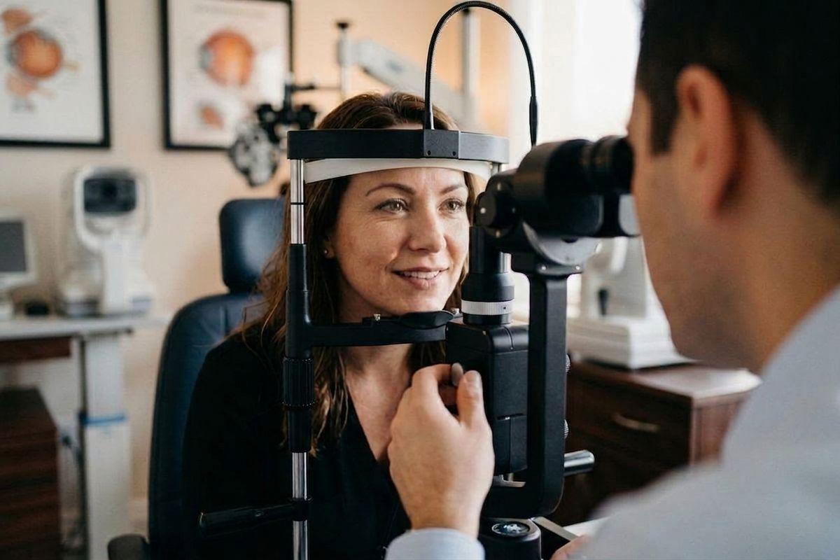 A smiling adult patient rests their face on an eye exam machine while an optometrist looks through the lens.
