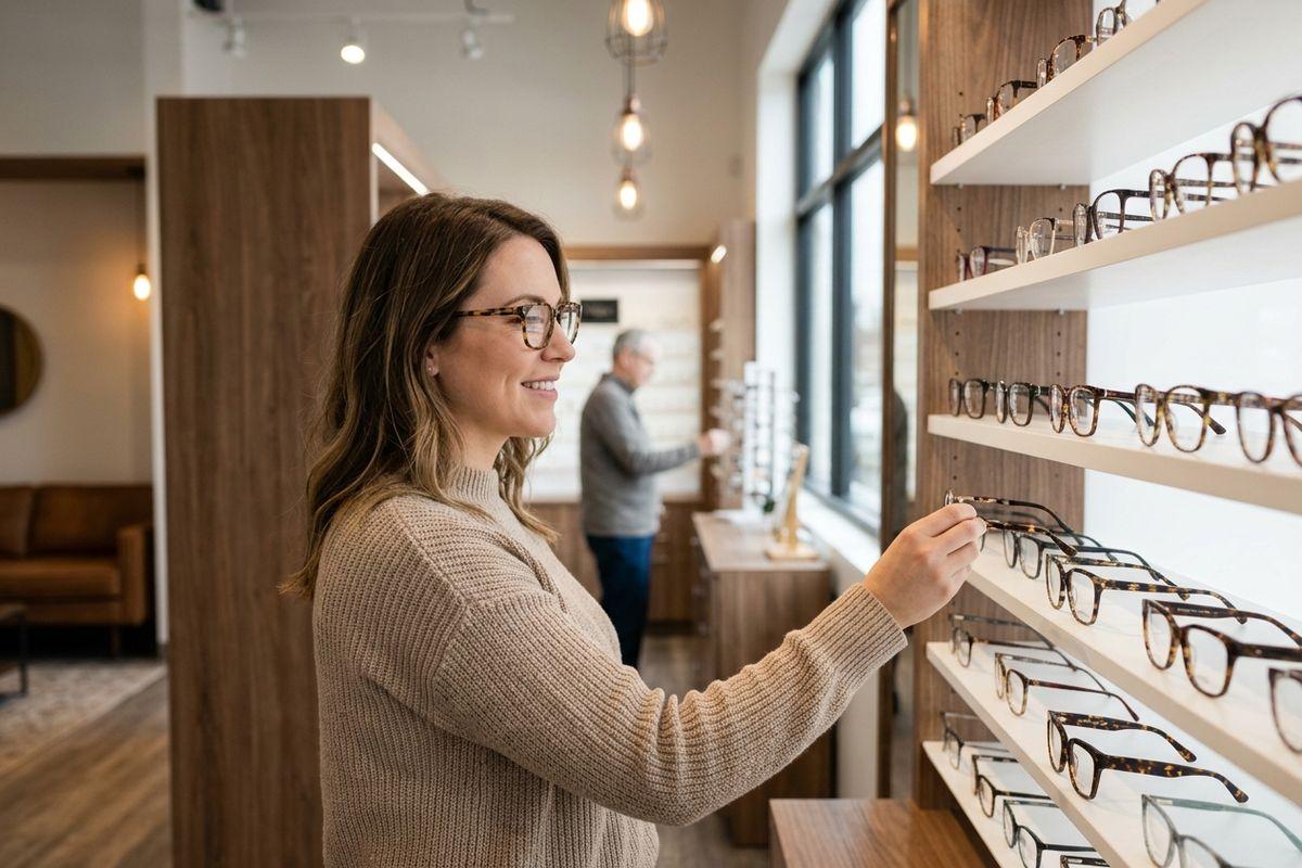 A smiling adult wearing glasses reaches for frames displayed on a wooden shelf in an optical shop.