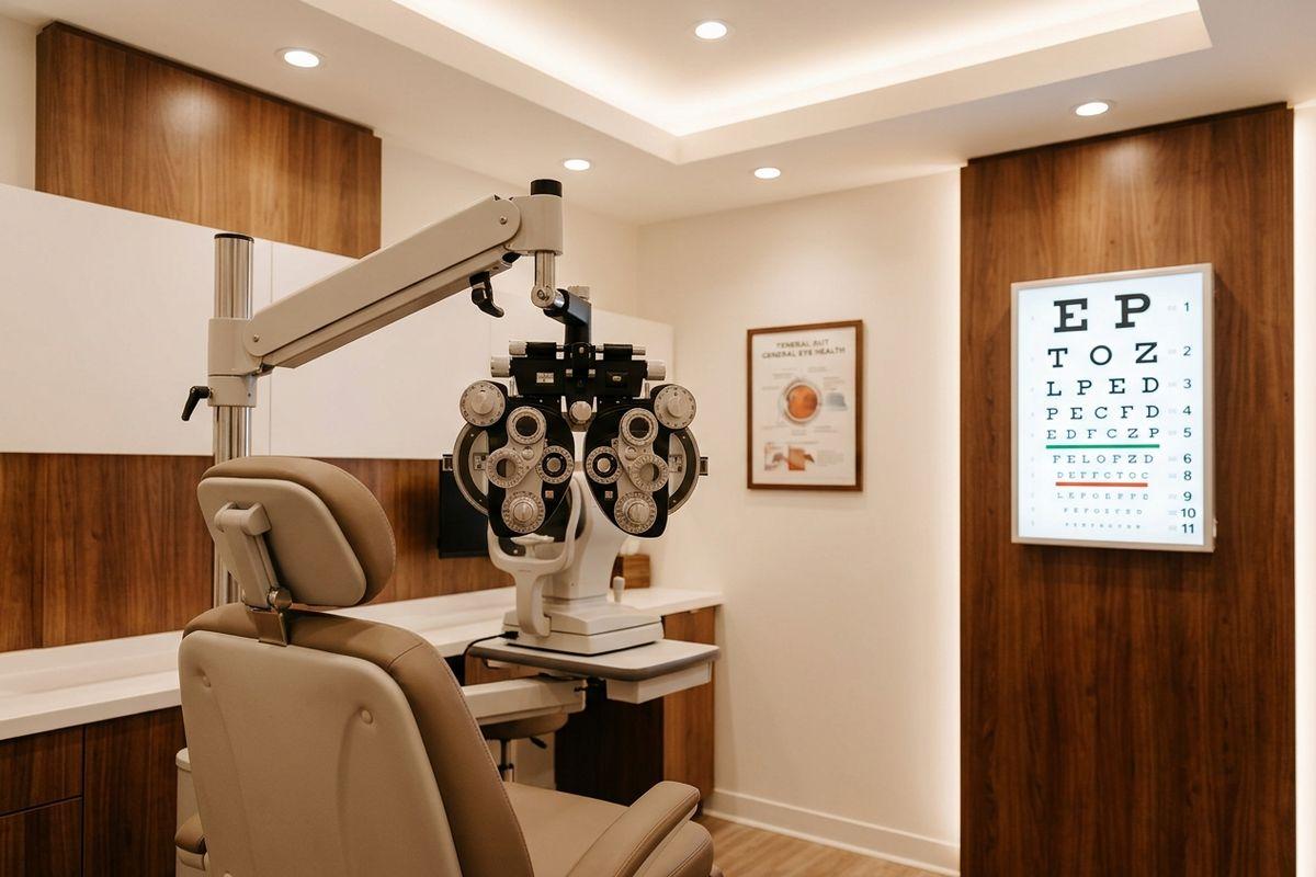 Optometry exam room featuring an empty patient chair and a phoropter, facing an illuminated eye chart on a wood-paneled wall.