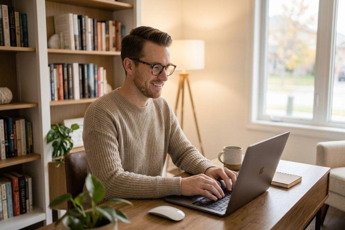 Smiling adult in glasses and a sweater types on a laptop at a wooden desk in a room with a bookshelf.