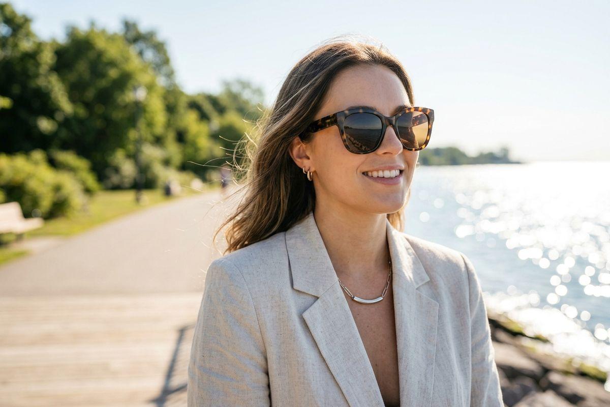 A smiling adult wearing sunglasses and a light blazer stands outdoors on a path next to a sunlit body of water.