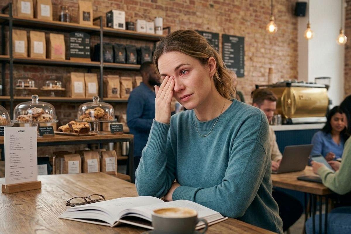 An adult sits in a cafe rubbing their red eye. An open book, eyeglasses, and a cup of coffee are on the table before them.