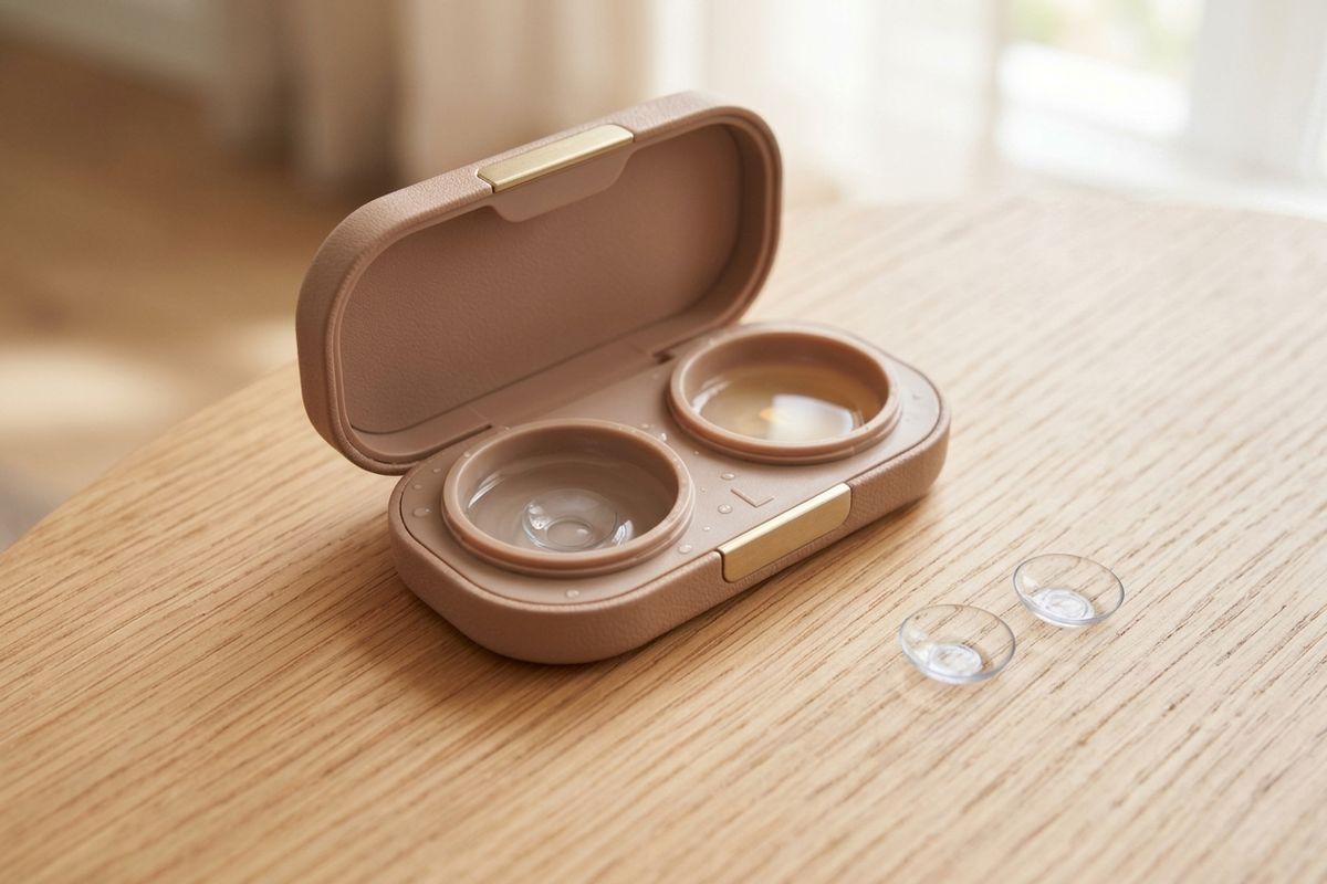 Open beige contact lens case containing liquid resting on a light wooden table, with two clear contact lenses sitting beside it.