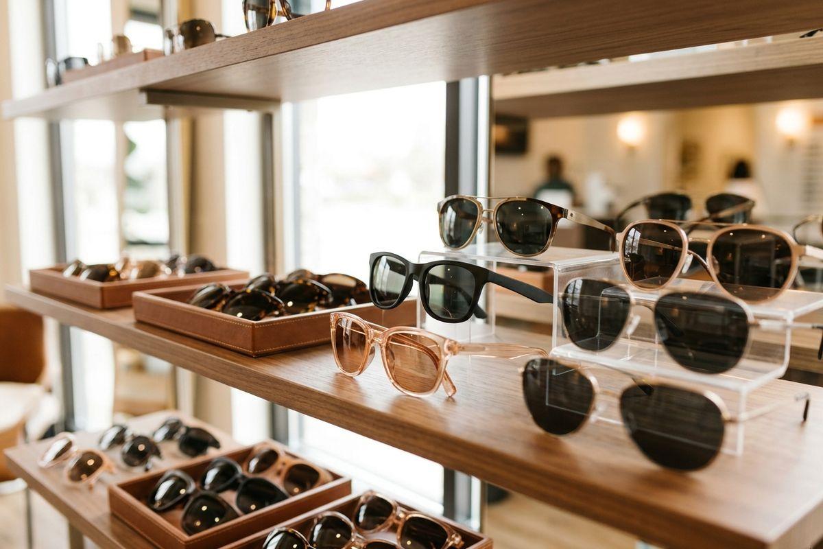 Various pairs of sunglasses displayed on wooden shelves and clear stands in an optical store, with additional glasses arranged in brown trays.