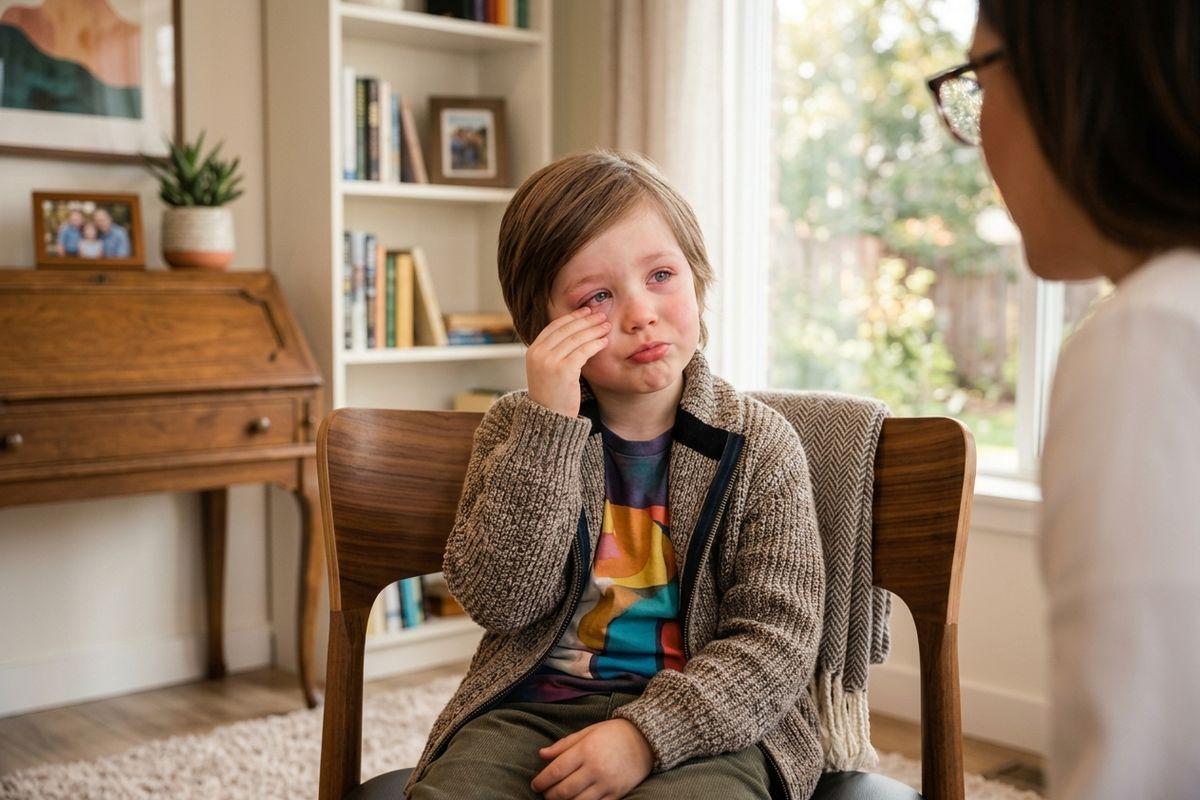 A sad child sitting in a room rubs their red eye while facing a partially visible adult wearing glasses.