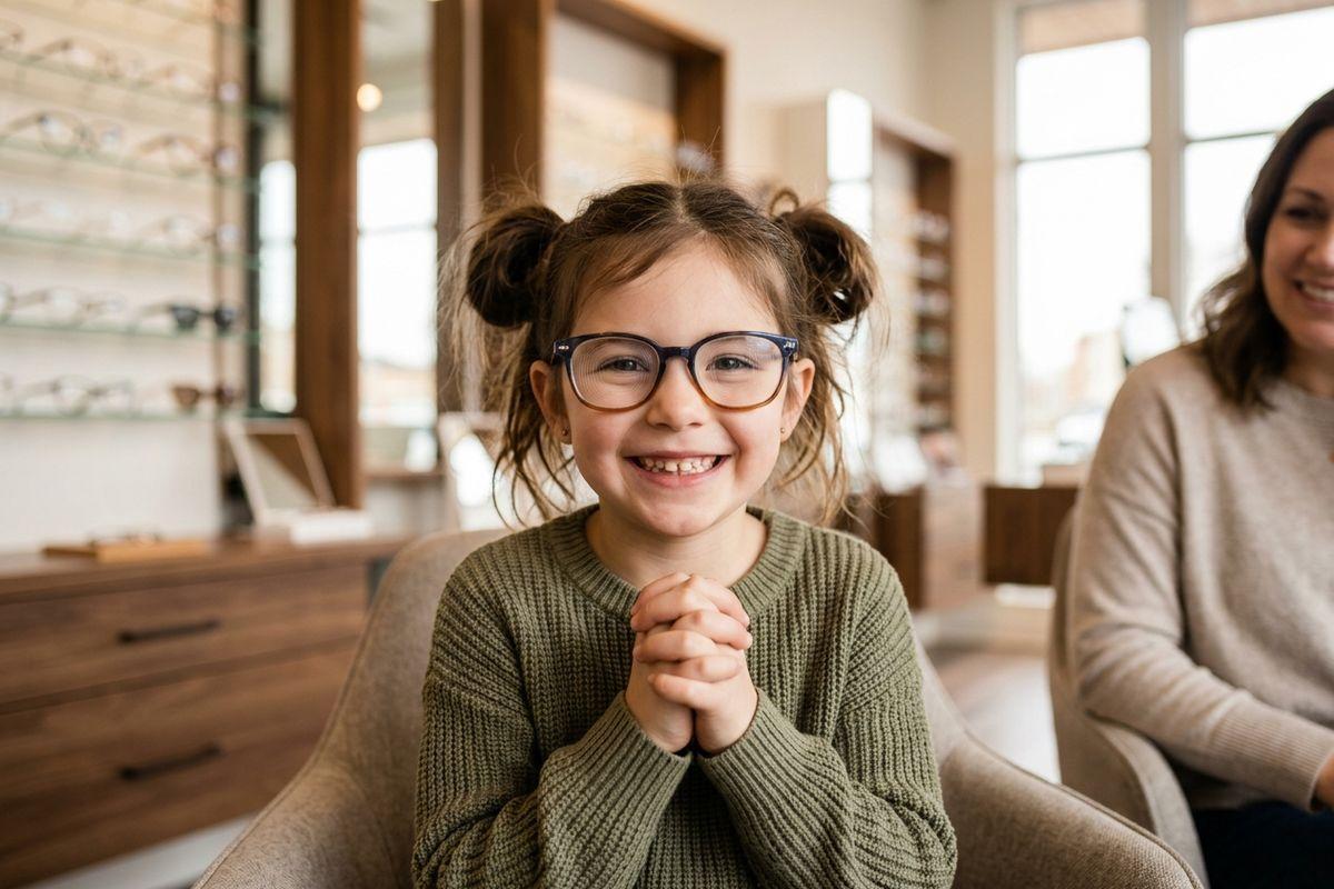 A smiling child wearing glasses sits with hands clasped in an optical store, with an adult partially visible in the background.