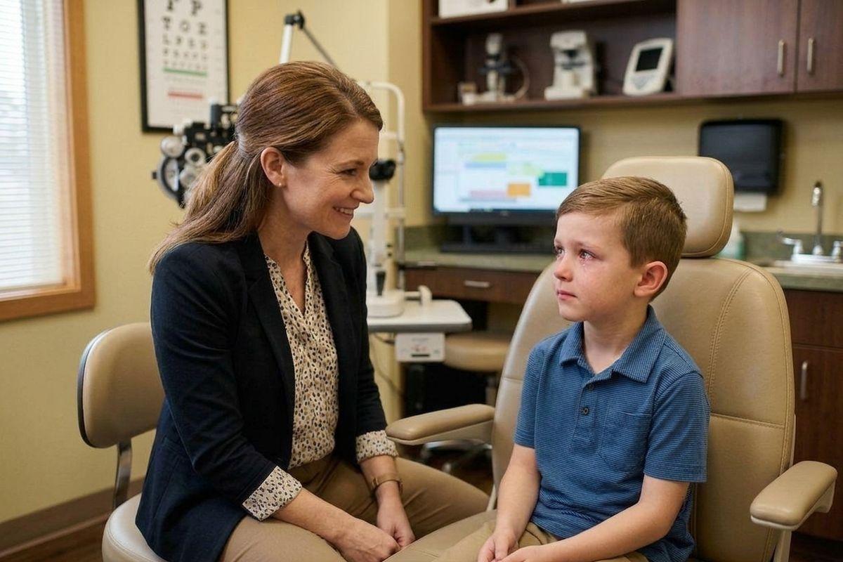 A smiling optometrist sits facing a child in an eye clinic exam chair. The child has red, watery eyes.