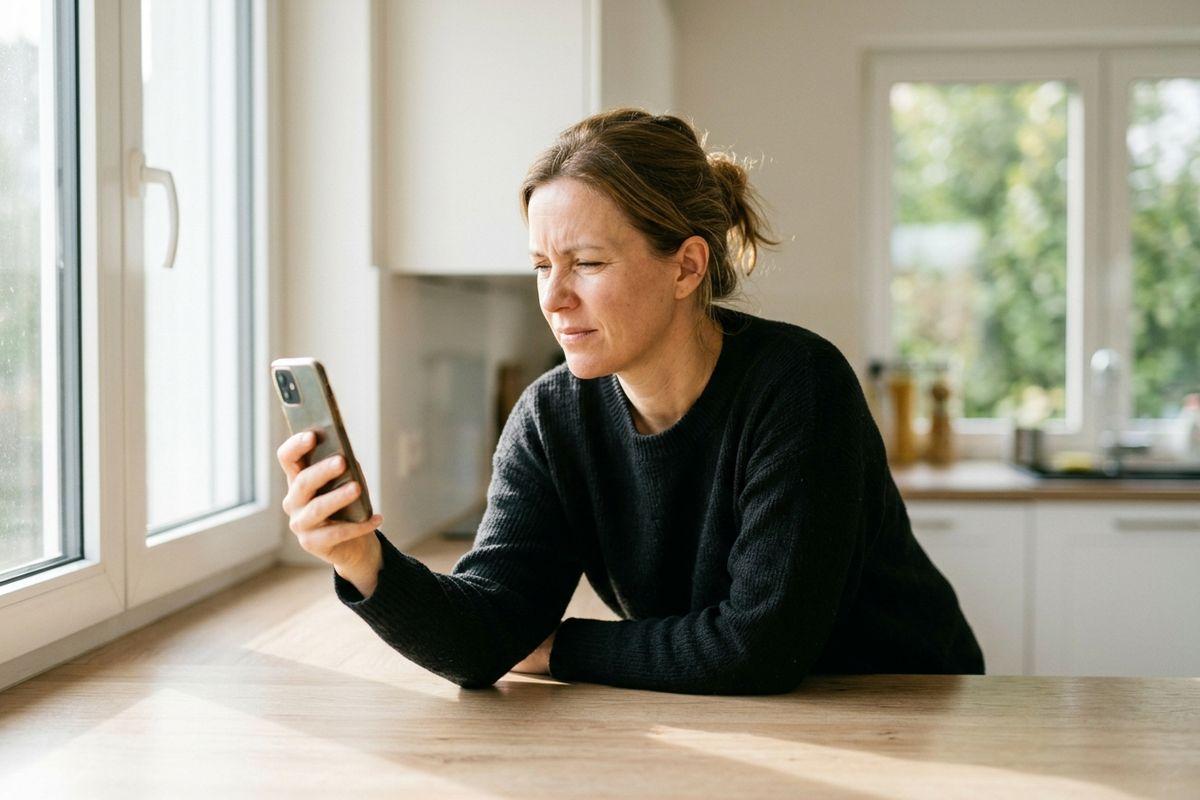 Adult in a black sweater leaning on a kitchen counter, squinting at a smartphone held at arm's length near a bright window.