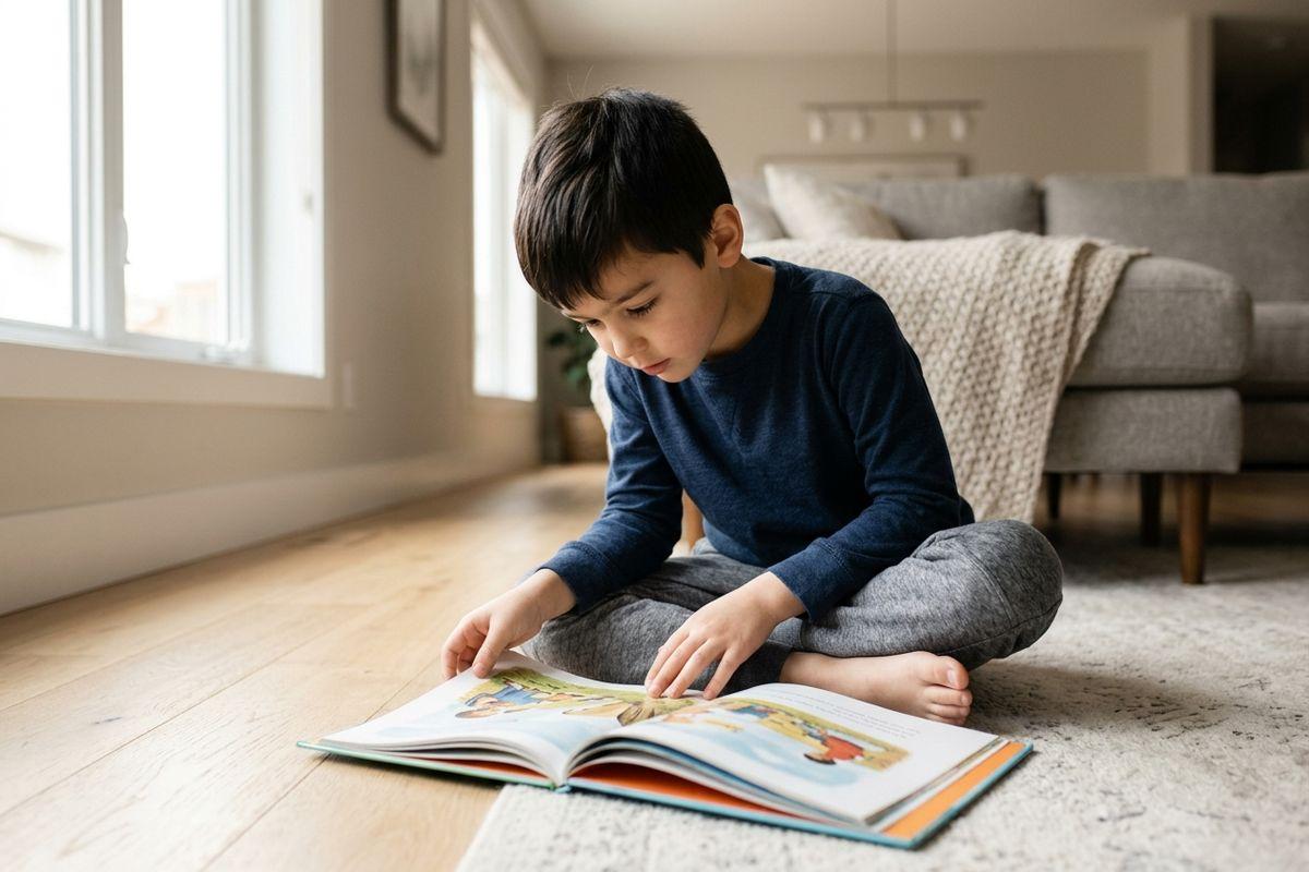 Child sitting cross-legged on a living room floor, reading an open picture book with a focused expression.
