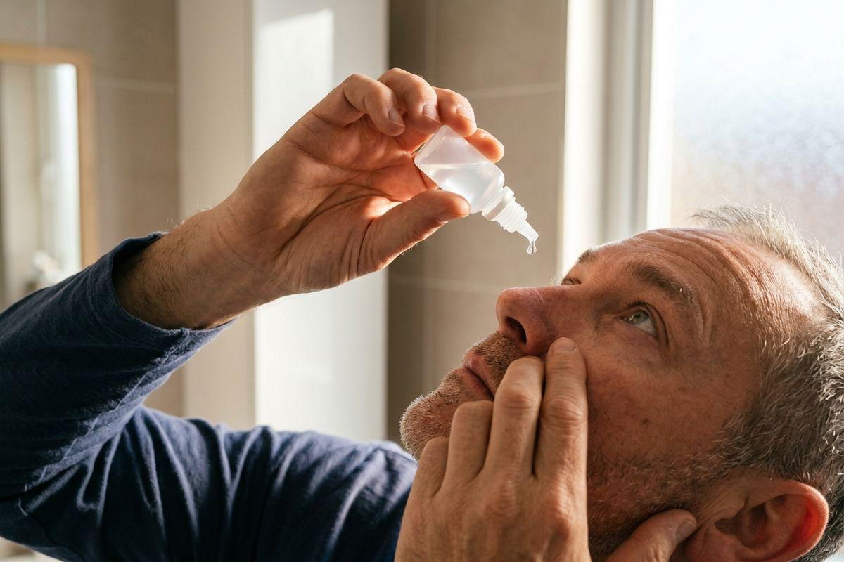 Older adult tilts head back and applies eye drops from a small bottle, holding lower eyelid down, in a tiled bathroom.