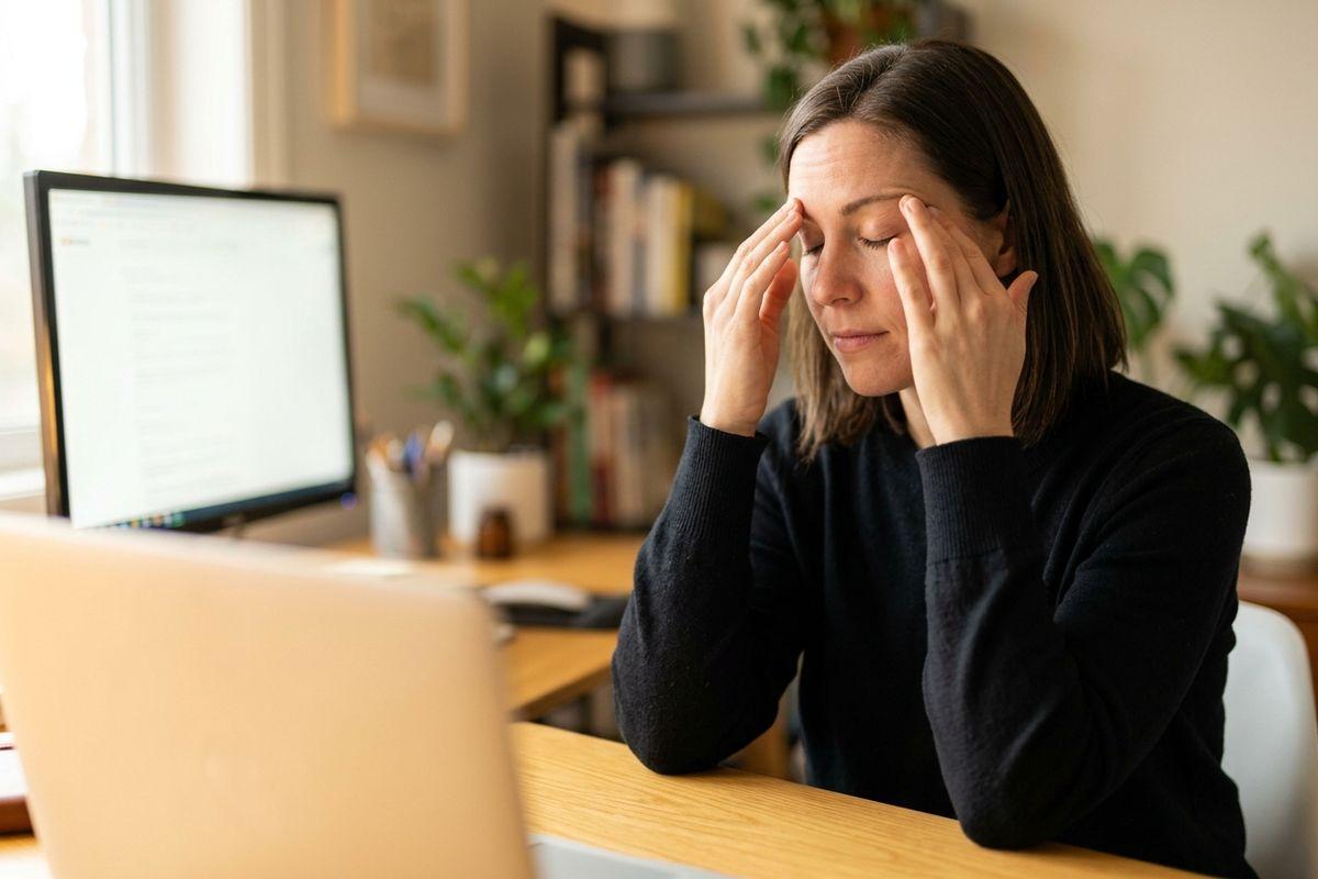 Person at a desk with eyes closed, pressing fingers to both temples, beside a laptop and monitor in a home office.